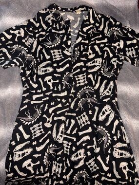 Black Dress with pockets and White Dinosaur Skeleton Print